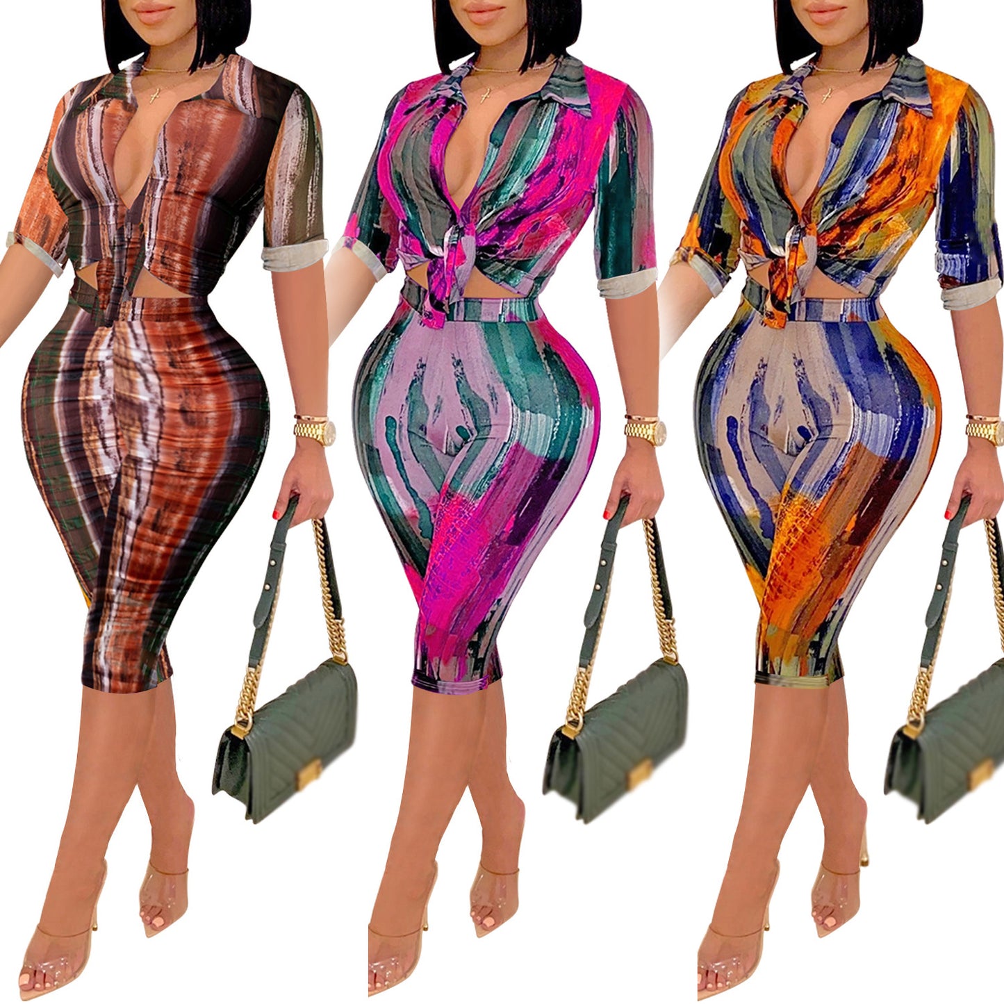 Casual Printed V-Neck Short Sleeve Shorts Set for Women