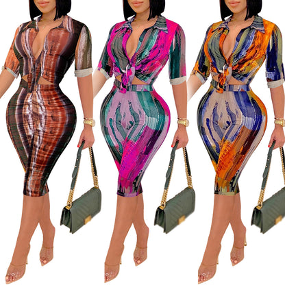 Casual Printed V-Neck Short Sleeve Shorts Set for Women