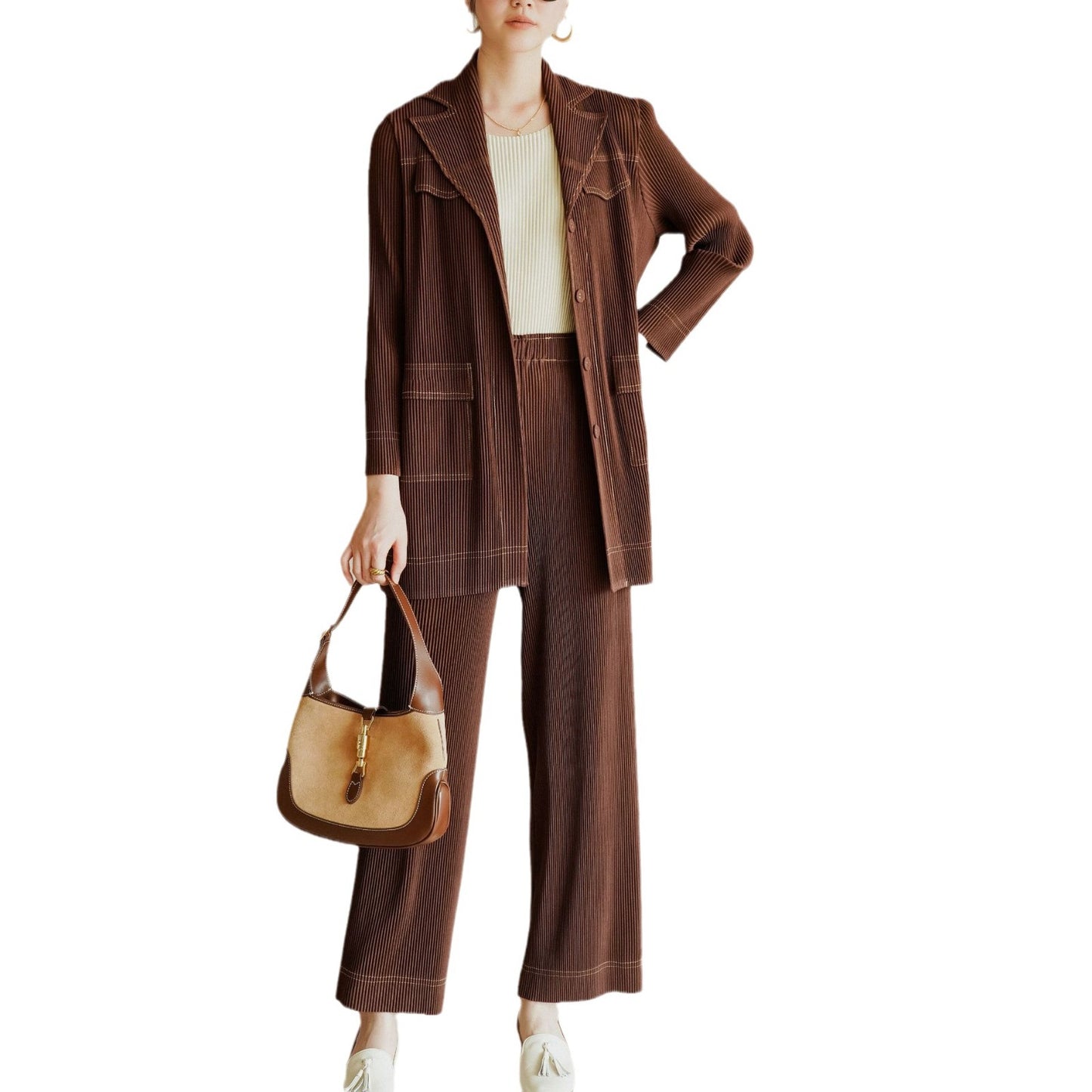 High-quality boutique-style spring new arrival, Issey Miyake pleated vintage high-end denim-inspired chic office suit set