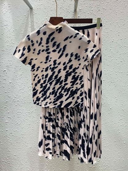 Printed Short Sleeves Pleated T-shirt Loose Long Skirts Female Retro Two Pieces Set Trendy Summer