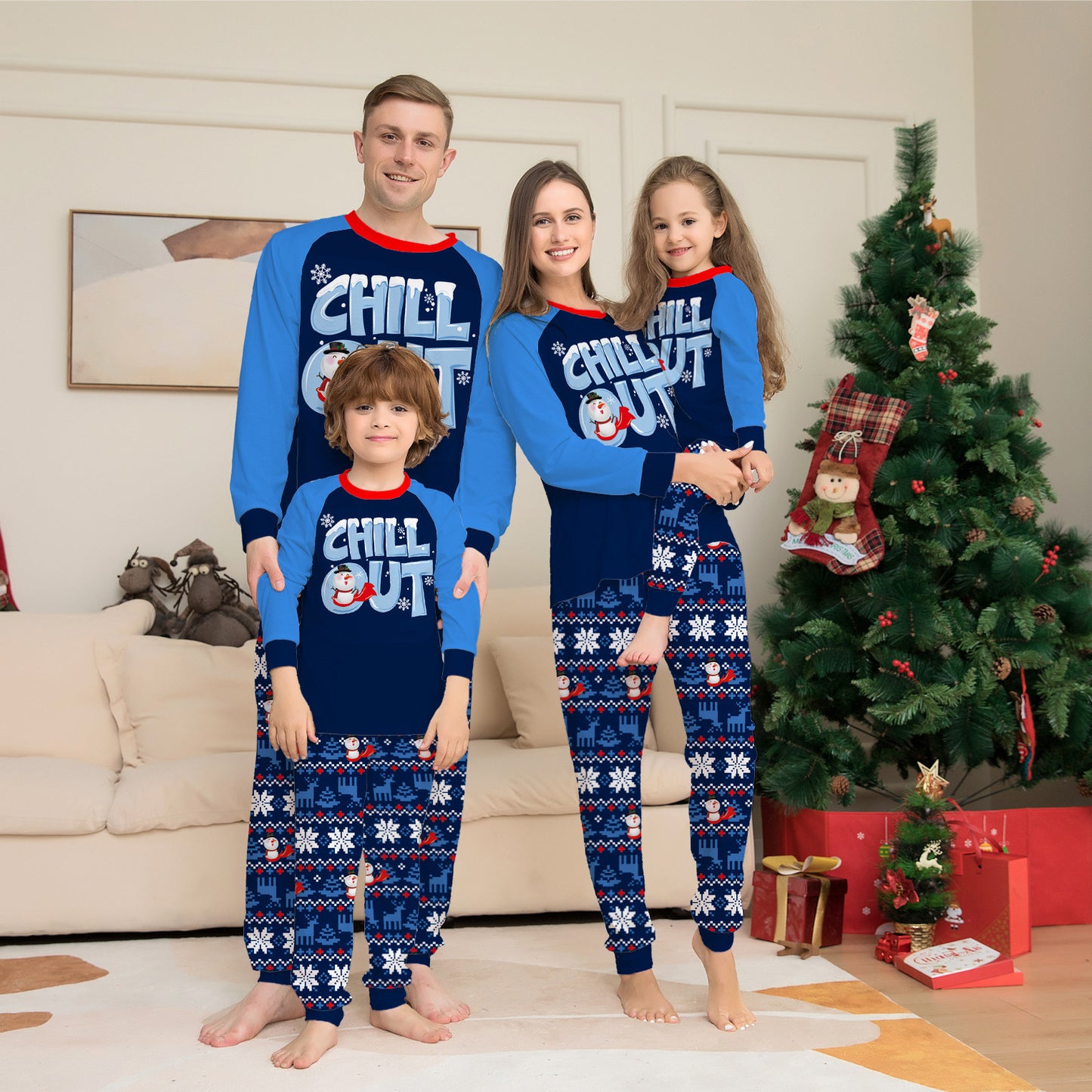 Christmas Snowman Letter Print Parent-Child Matching Pajama Set Casual Home Wear Outfit