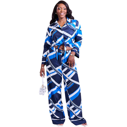 New Casual Commute Abstract Long Sleeve Tie-neck Turn-down Collar Shirt Wide-leg Pants Set