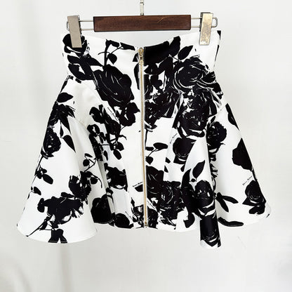 Tulip Waistline Rose Flower Print Short Skirt