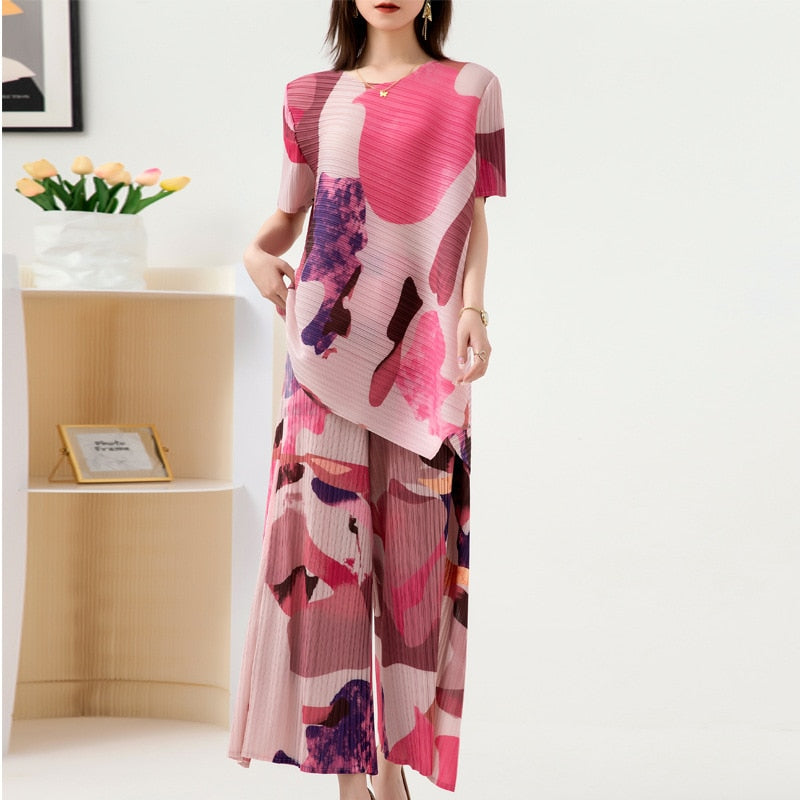 Pleated Fashion Suit Women's Summer New Design Sense Printed Large Size Top Wide Leg Pants Two-Piece Set