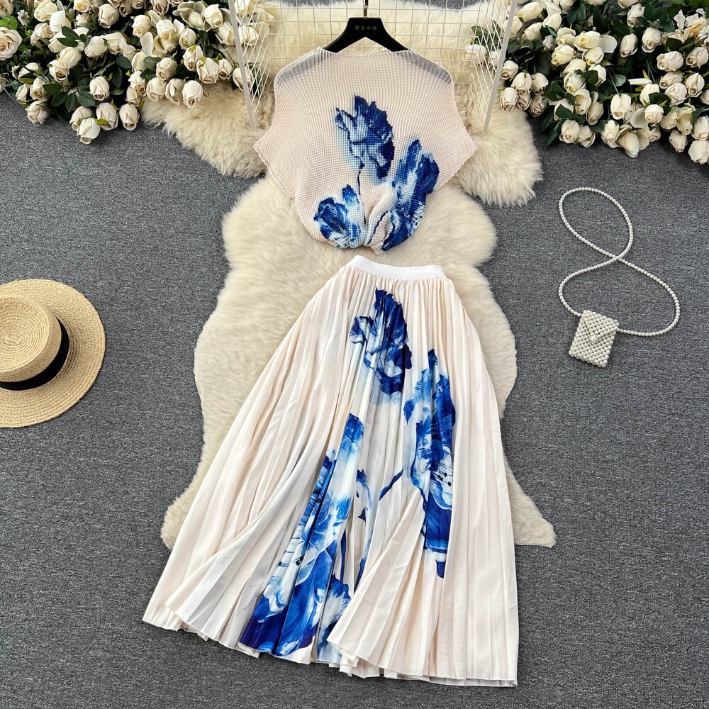 [EWQ] Elegant Short sleeved women's shirt+high waisted pleated skirt trend  2-piece set Summer vacation party clothing