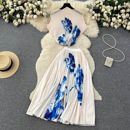 [EWQ] Elegant Short sleeved women's shirt+high waisted pleated skirt trend  2-piece set Summer vacation party clothing