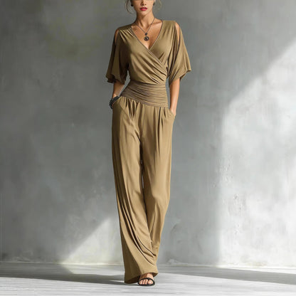 Chic Off-Shoulder V-Neck Fitted Jumpsuit for Women