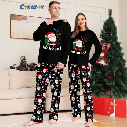 Family Christmas Pajamas Set with Santa Backpack Black Home Wear for Holiday Photos