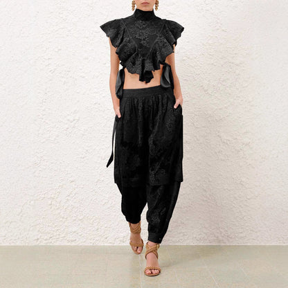 Sleeveless lace up pants casual loose party two-piece set for women