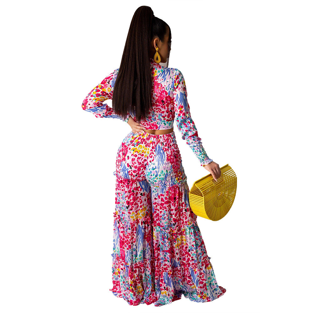 Chiffon Print Long Sleeve Wide Leg Irregular Ladies Casual Suit