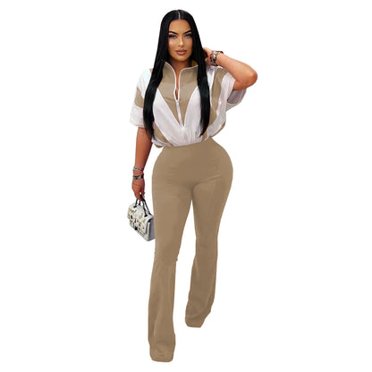 Women's Slim Fit Sporty Short Sleeve and Long Pants Two-Piece Set