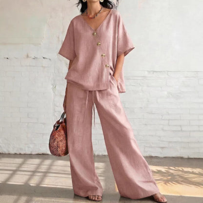 Women's Fashion Casual Solid Color V-Neck Loose Short Sleeve Top with Drawstring Pants Two-Piece Set
