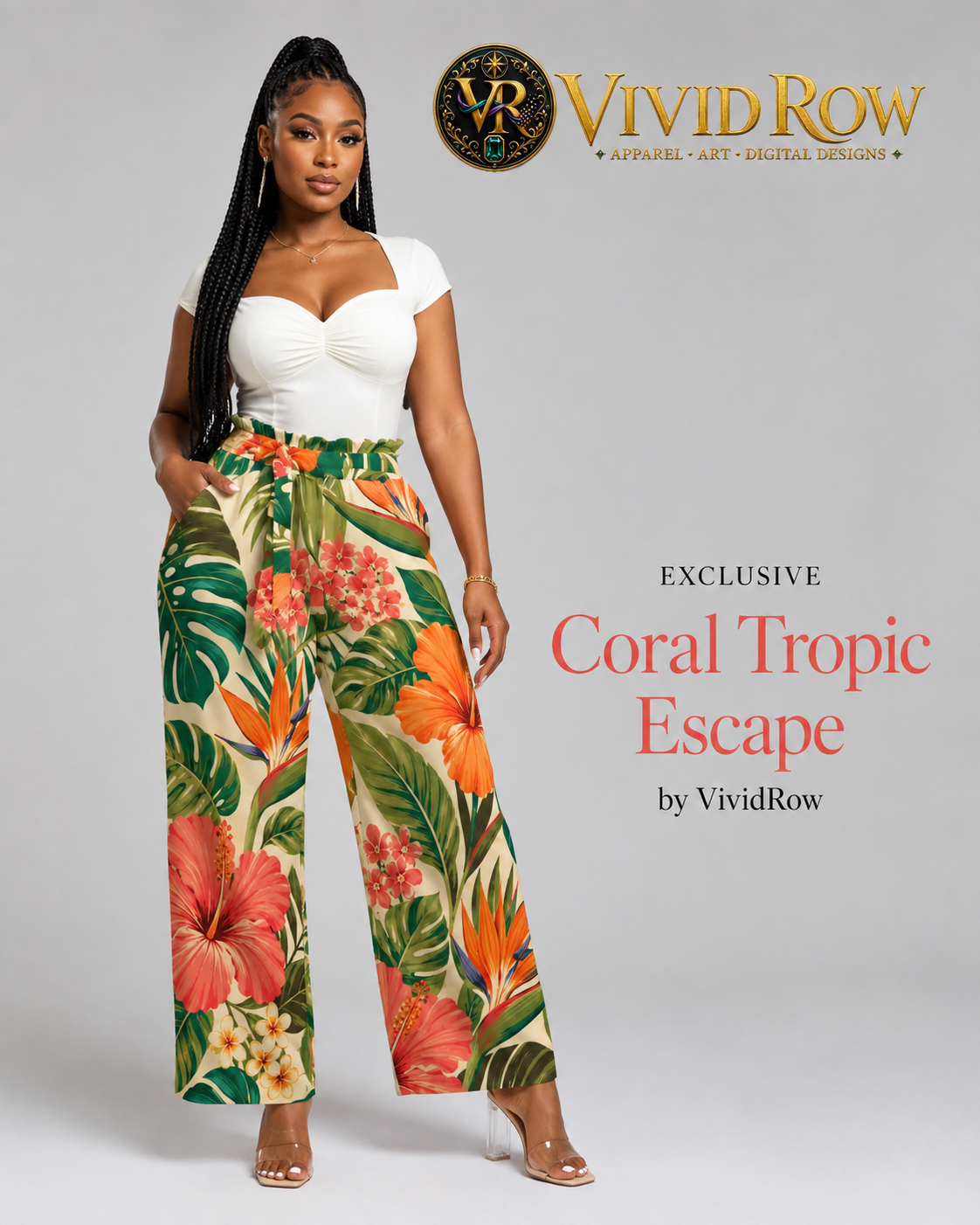 Coral Tropic Escape Palazzo Women's High-Rise Wide Leg Pants