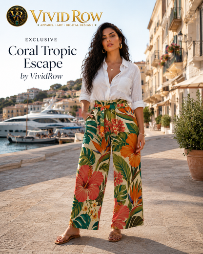 Coral Tropic Escape Palazzo Women's High-Rise Wide Leg Pants