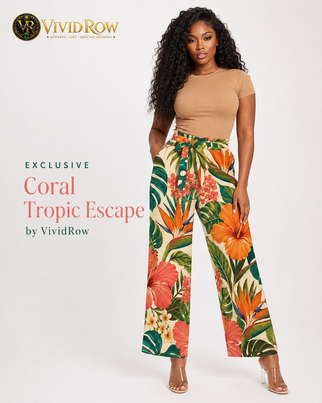 Coral Tropic Escape Palazzo Women's High-Rise Wide Leg Pants