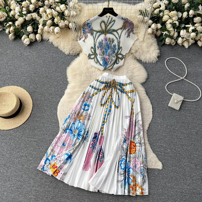 [EWQ] Elegant Short sleeved women's shirt+high waisted pleated skirt trend  2-piece set Summer vacation party clothing