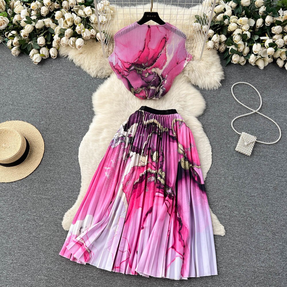 [EWQ] Elegant Short sleeved women's shirt+high waisted pleated skirt trend  2-piece set Summer vacation party clothing