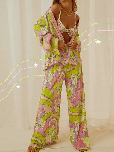 Print Pleated Suit Women Lapel Long Sleeve Shirt Top And High Wasit Pants Set Elegant Casual Pants Outfits Two Piece Set