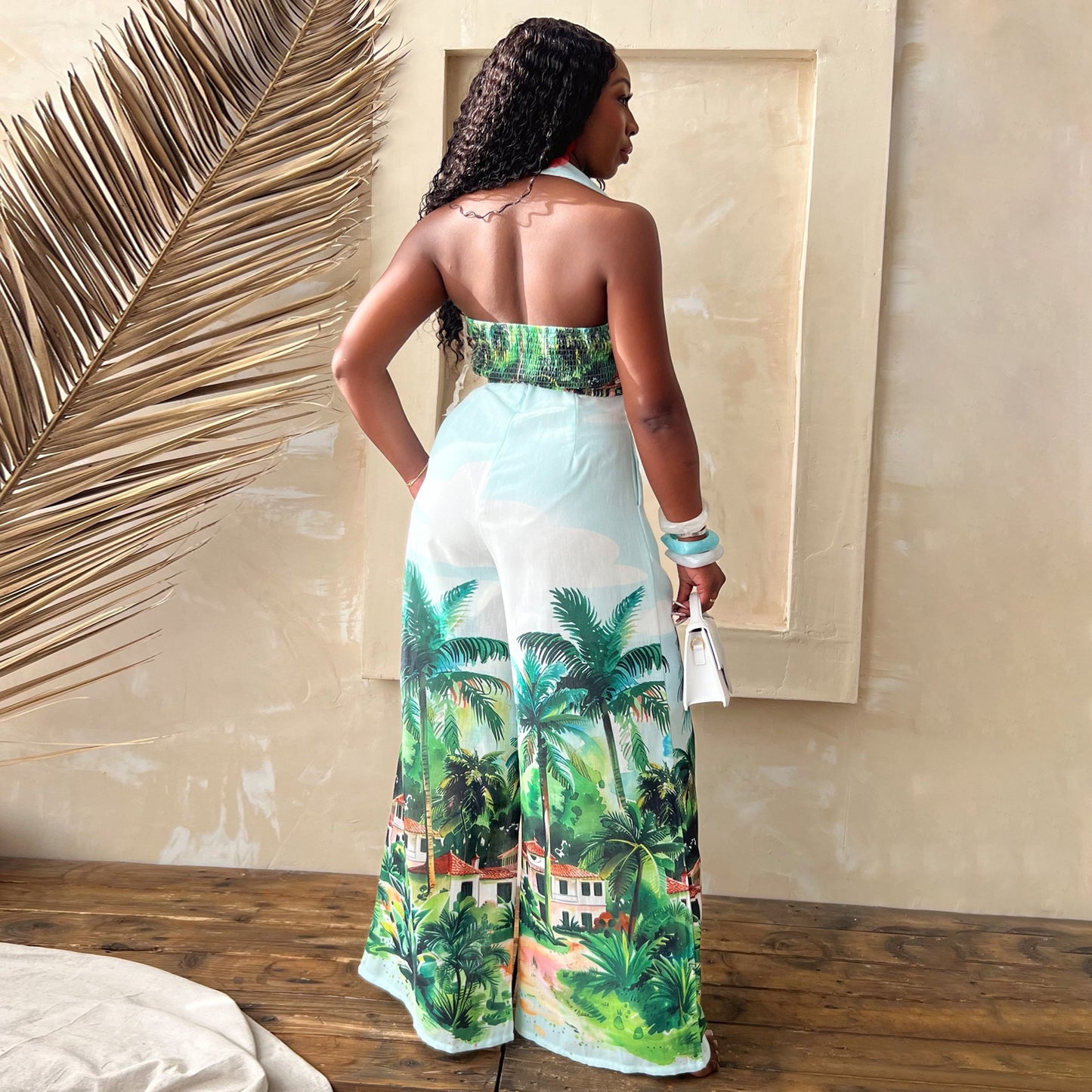 Sleeveless shirt collar wide leg pants set