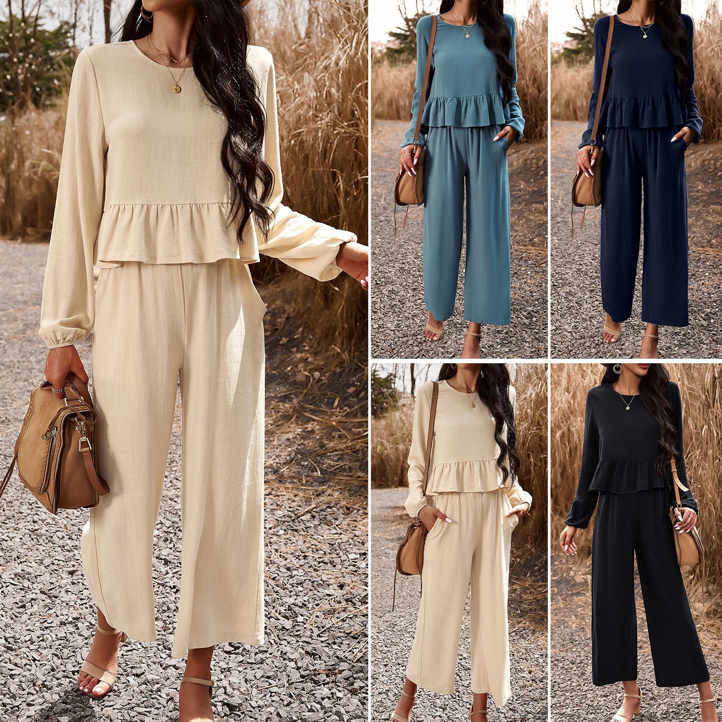 European and American women's spring/summer temperament casual set, solid color long sleeved top, loose pants