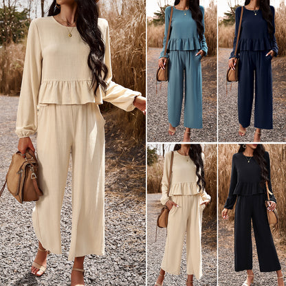 European and American women's spring/summer temperament casual set, solid color long sleeved top, loose pants