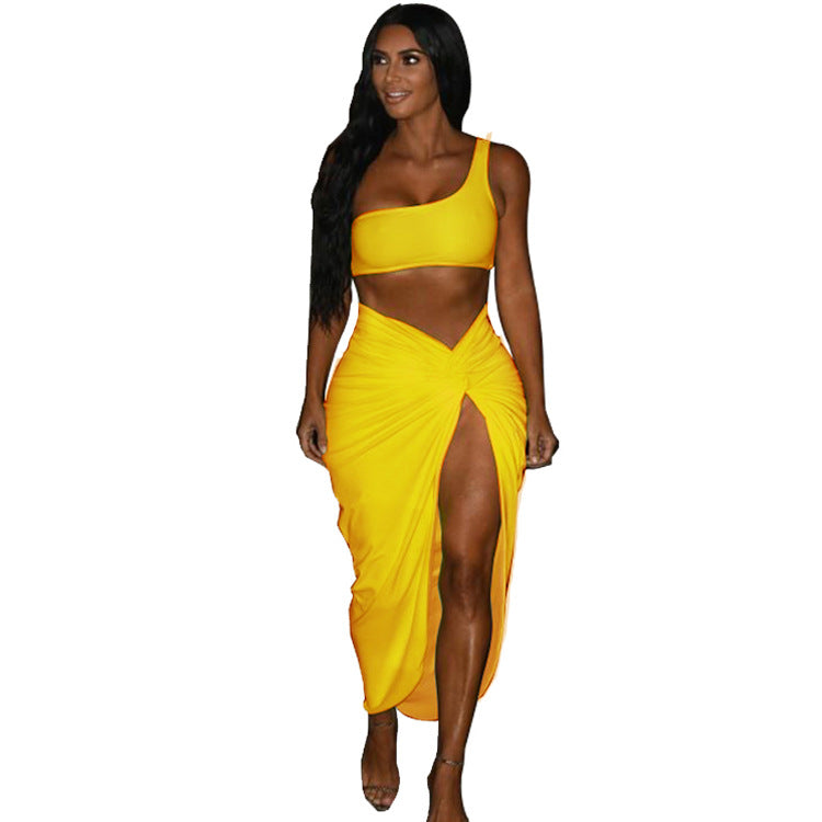 Two piece pleated solid color skirt set