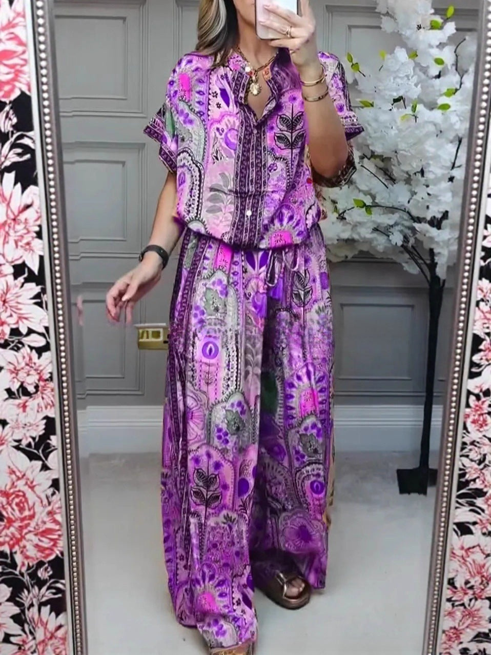 Fashionable Summer Casual Printed Round Neck Cardigan Top with Wide Leg Pants Two-Piece Set