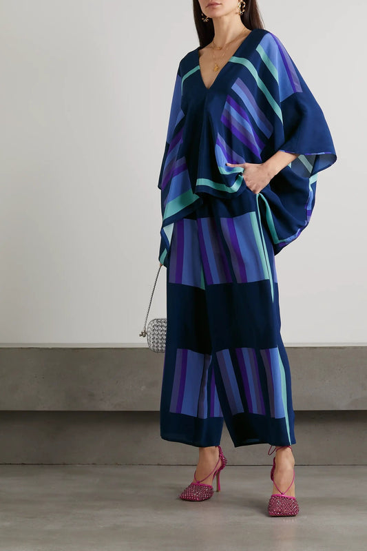 Color Printing Two Piece Sets For Women V Neck Batwing Sleeve Tops High Waist Pant Loose Casual Set Female New