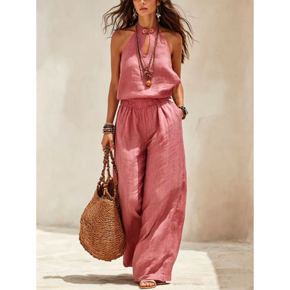Style Solid Color Sleeveless Halter Neck Wide Leg Jumpsuit for Women