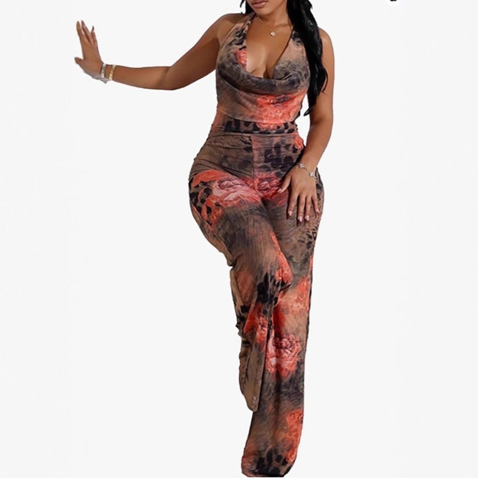 Leopard Print Floral Placement Print Halter Bodysuit for Women