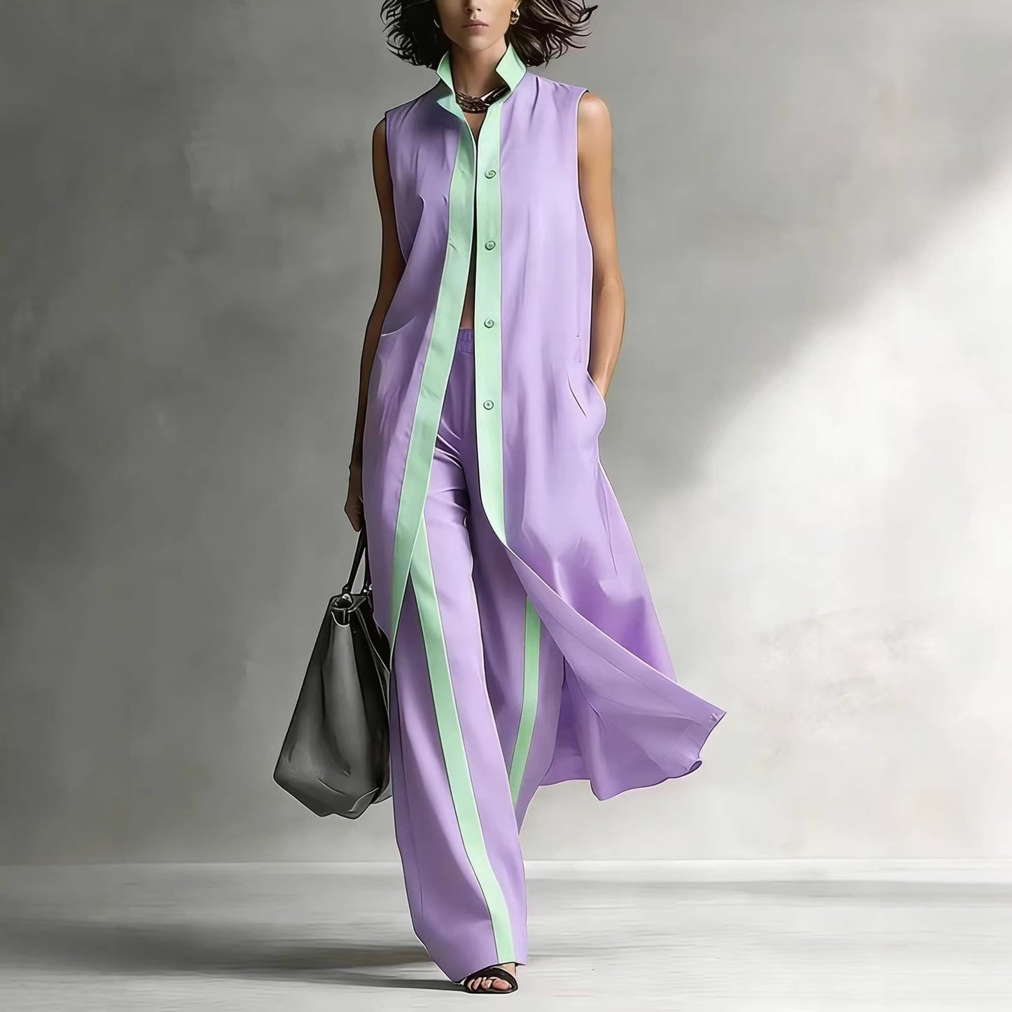 Color blocking loose vest cardigan pants set