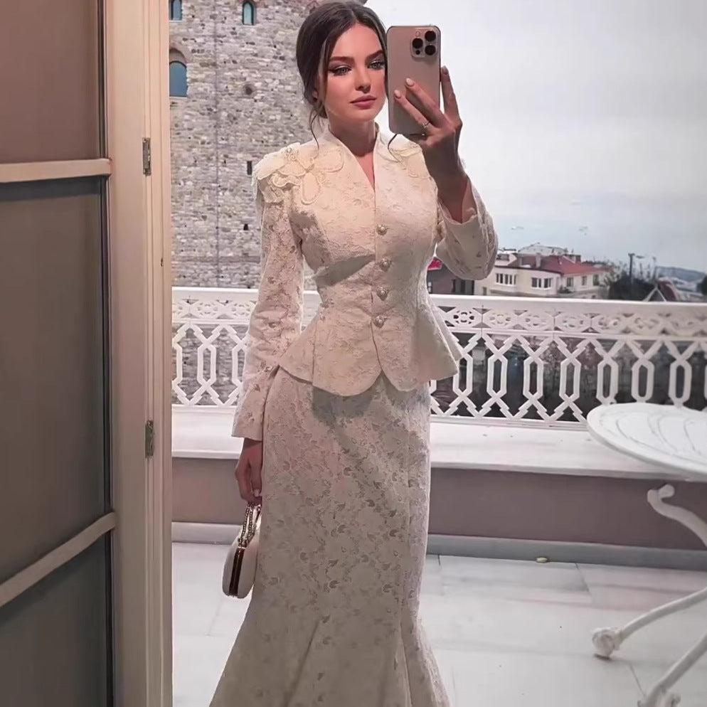 Vintage Long Sleeve Maxi Dress Set, Elegant and Noble Autumn Fashion Dress for Women