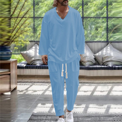V-neck shirt casual loose long sleeved long pants beach set