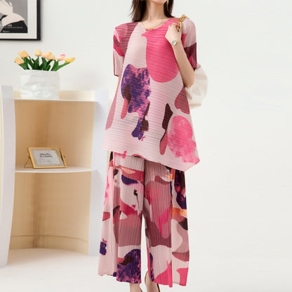 Pleated Fashion Suit Women's Summer New Design Sense Printed Large Size Top Wide Leg Pants Two-Piece Set