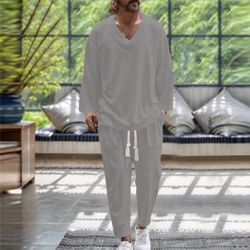 V-neck shirt casual loose long sleeved long pants beach set