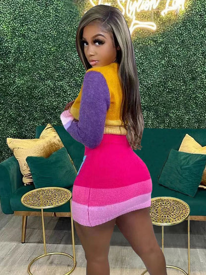 Knit Elastic Women 2 Piece Set Skinny Colorful Button Sweater+Pocket Skirts Casual Streetwear Matching Autumn Suits