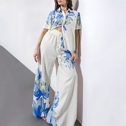 Summer  Printed Wide-Leg Pants Set for Women, Casual Fashion Two-Piece Set, Blue Floral Tie-Up Shirt