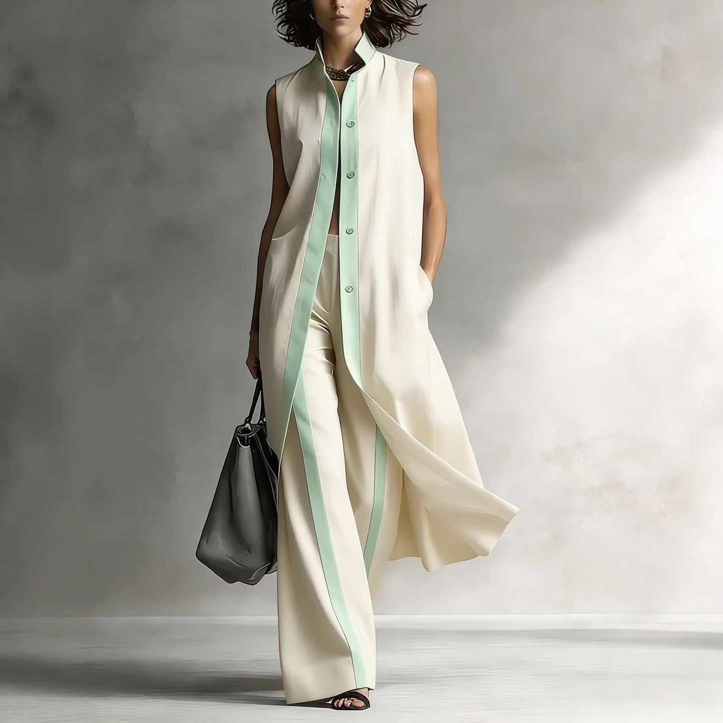 Color blocking loose vest cardigan pants set