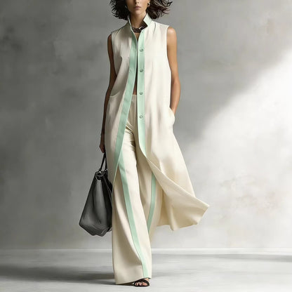 Color blocking loose vest cardigan pants set