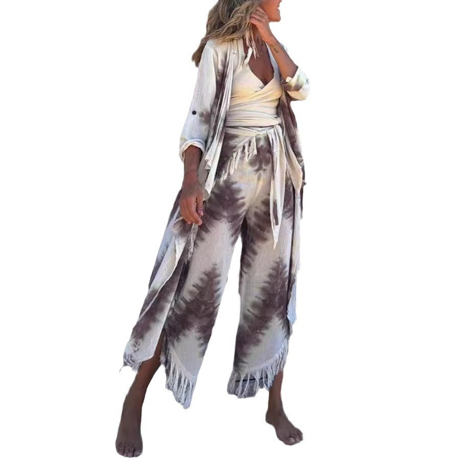 European and American women's clothing temperament printed vest tassel jacket casual three piece set women's summer pants