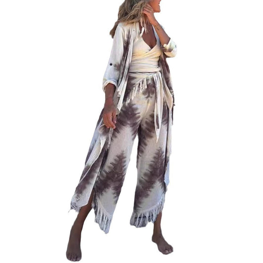 European and American women's clothing temperament printed vest tassel jacket casual three piece set women's summer pants