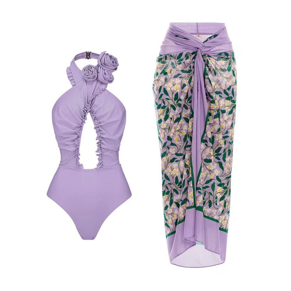 French style two sets of women's swimsuits solid color flash cross hollow swimsuit for women