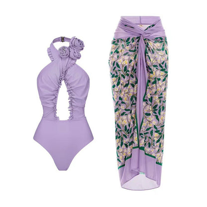 French style two sets of women's swimsuits solid color flash cross hollow swimsuit for women