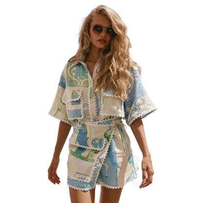 European and APrinted Ruffled Short Sleeve Set for Women, Beach Vacation Casual Fashion Two-Piece Set