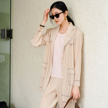 High-quality boutique-style spring new arrival, Issey Miyake pleated vintage high-end denim-inspired chic office suit set