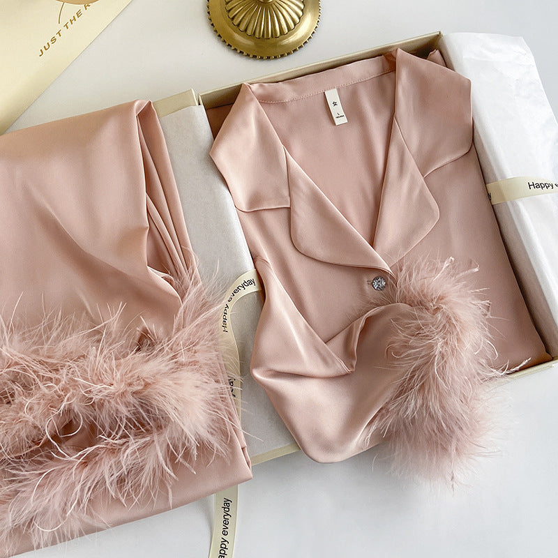 Lady's Luxurious Feather Ice Silk PajamasAutumn Elegant Satin Home Wear Suitable for Outerwear, Spring and Autumn