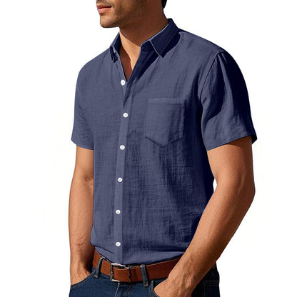 Cotton Linen Short Sleeve Shirt for Men Turn-down Collar Casual PocketDress Shirt, Summer