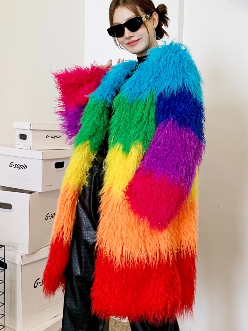 Niche Rainbow Winter Faux Fur Coat Loose Splicing Contrast Color Long Jacket Shaggy Outerwear Women's Clothing Free Shipping