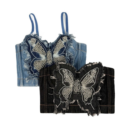Cross-border Butterfly Strapless Bra with Unique High-end Feel, Fitted Spliced Denim Boned Bustier Camisole