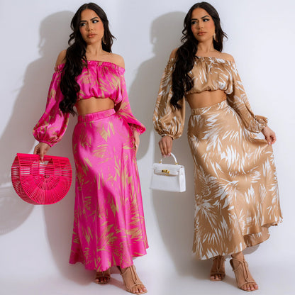 Women's Printed Sexy Long Sleeve Crop Top and Long Skirt Two-Piece Set